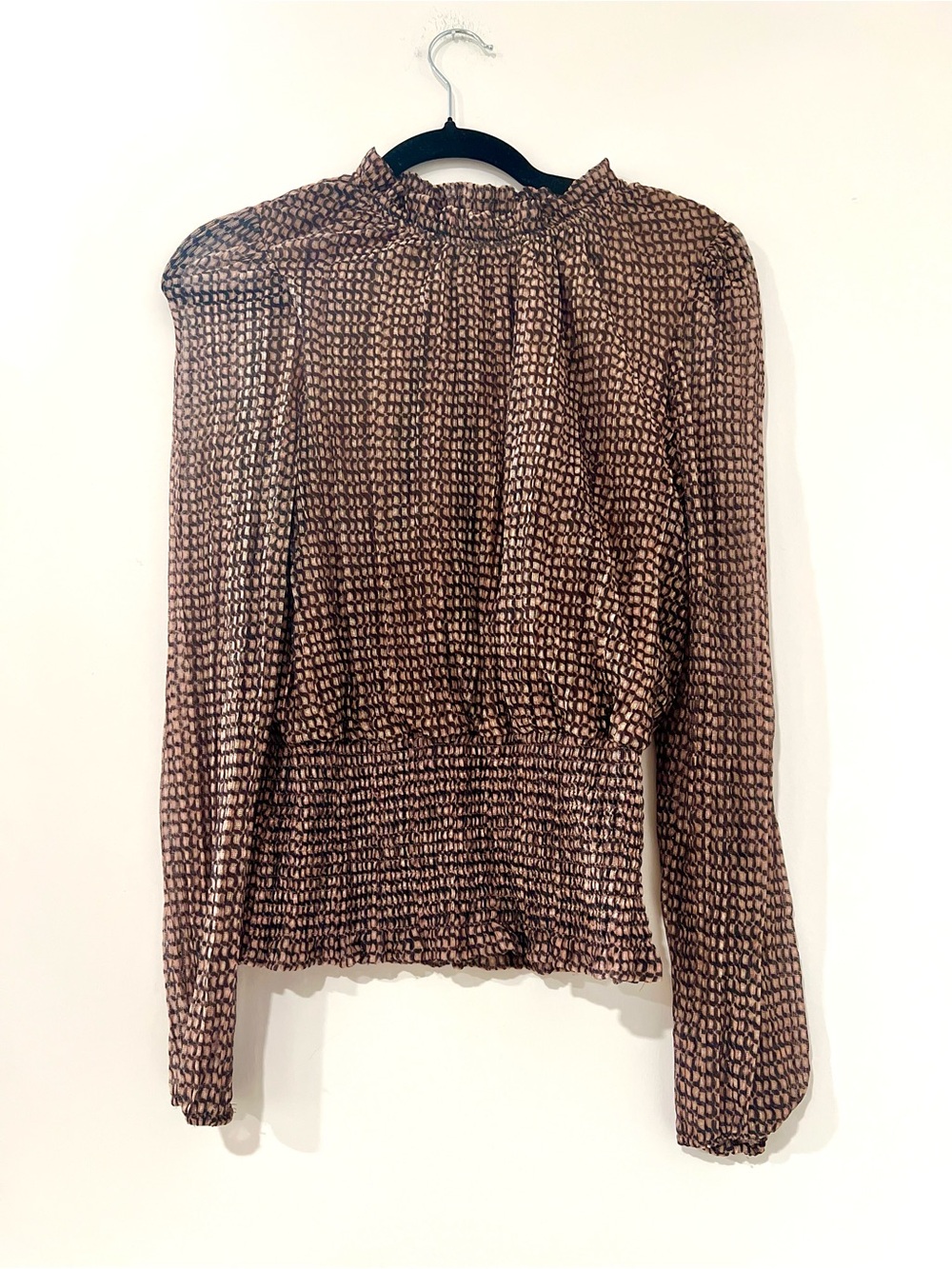 Joie Brown Printed Long-Sleeve Smocked-Waist Blouse